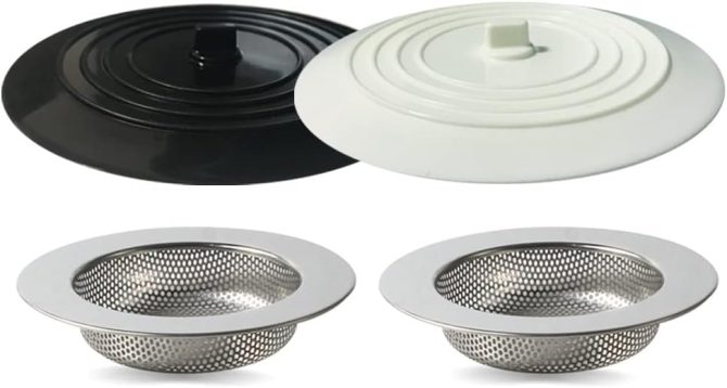 4PCS Kitchen Sink Stopper Strainer, 6 Inch Round Large Silicone Sink Drain Cover Plug, Water Stopper, 4.5 Inch Stainless Steel Sink Strainer, Food Scraps Catcher for Kitchen