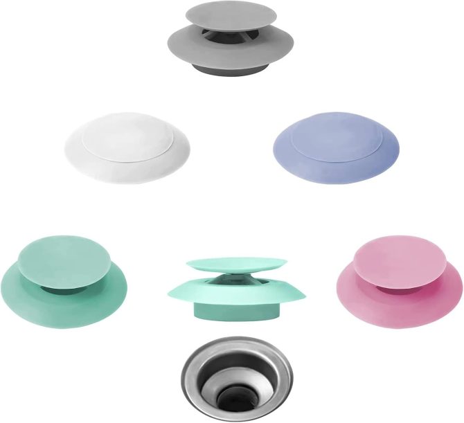 5 Pack Silicone Bathtub Stopper, Kitchen & Bathroom Drain Plug, Shower & Laundry Sink Cover with Hair Strainer (5 Colors)