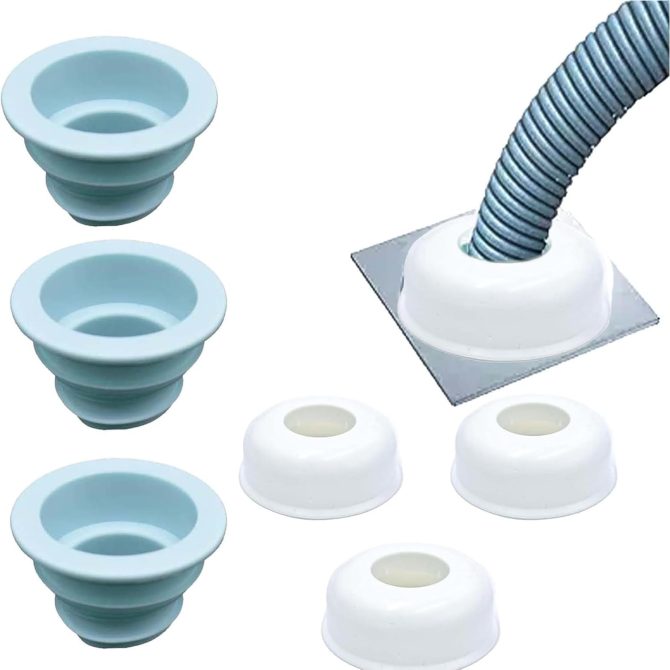 3 Pack Drain Pipe Seal Ring (Blue)+ 3 Pcs Decorative Cover(White), Drain Pipe Hose Deodorant Silicone Plug Sewer Seal Ring for Washing Machine Laundry Room Bathroom Bathtub, 3 Set