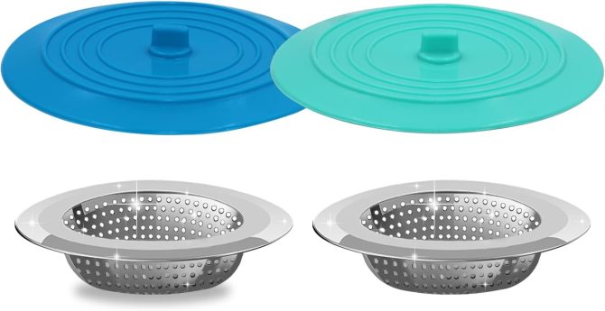 Kitchen Drain Strainer Stopper 4 Pack, Universal 6 Inch Silicone Plug Anti-Clogging Stopper Cover, 4.5 Inch Stainless Steel Basket Strainer Food and Hair Catcher