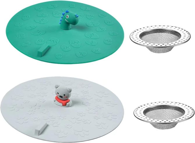 2pcs, Cute Silicone Floor Drain Cover, Bathroom Bathtub Drain Cover Bathtub Stopper, Kitchen Sink Water Reservoir Cover, Free Floor Drain Strainer (Green-Dinosaur+Grey-Bear)