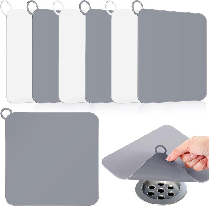 6 Pcs Shower Drain Cover Floor Drain Cover to Keep Bugs Out Silicone Tub Stopper Sewer Anti-Odor Mat Deodorizing Plugs for Bathroom Kitchen Laundry(Grey and White,7.76 x 7.76 Inch)